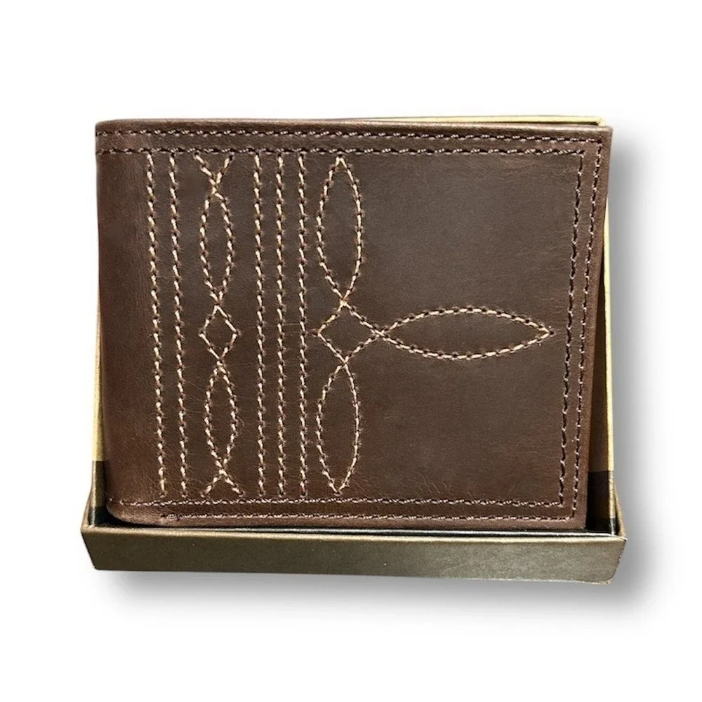New Justin Brown Genuine Leather Bifold Wallet RFID Western Rodeo Boot Stitching
